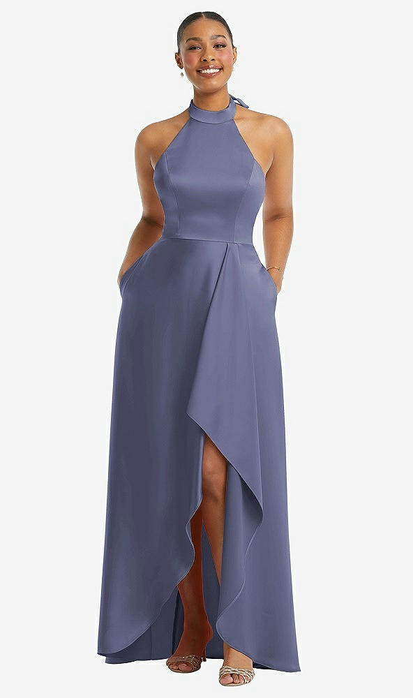 Front View - French Blue High-Neck Tie-Back Halter Cascading High Low Maxi Dress