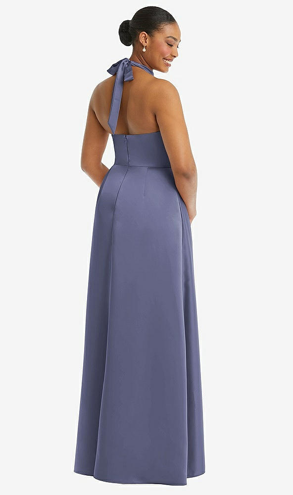 Back View - French Blue High-Neck Tie-Back Halter Cascading High Low Maxi Dress