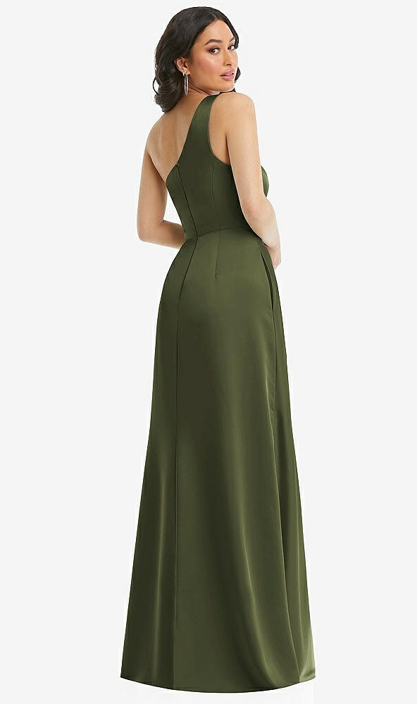 Back View - Olive Green One-Shoulder High Low Maxi Dress with Pockets