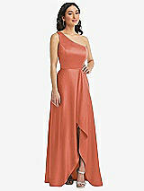 Front View Thumbnail - Terracotta Copper One-Shoulder High Low Maxi Dress with Pockets