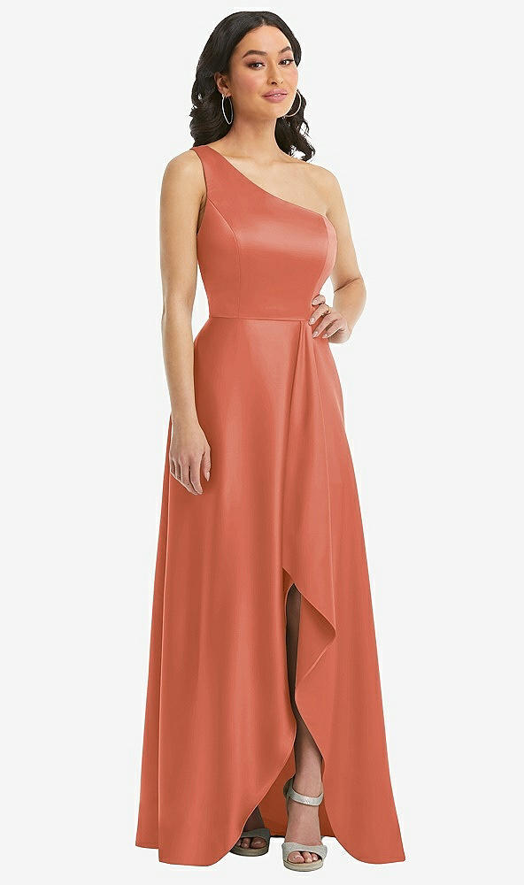 Front View - Terracotta Copper One-Shoulder High Low Maxi Dress with Pockets