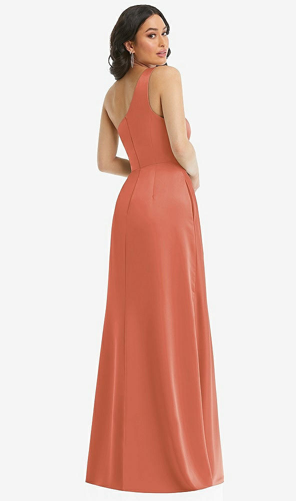 Back View - Terracotta Copper One-Shoulder High Low Maxi Dress with Pockets
