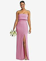 Front View Thumbnail - Powder Pink Strapless Overlay Bodice Crepe Maxi Dress with Front Slit