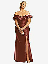 Front View Thumbnail - Auburn Moon Off-the-Shoulder Ruffle Neck Satin Trumpet Gown