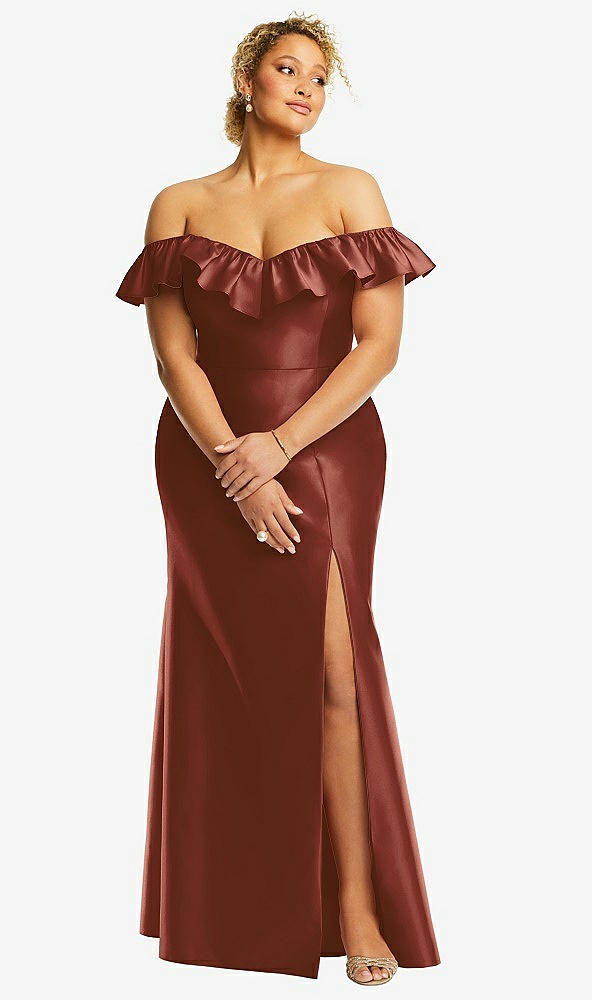 Front View - Auburn Moon Off-the-Shoulder Ruffle Neck Satin Trumpet Gown