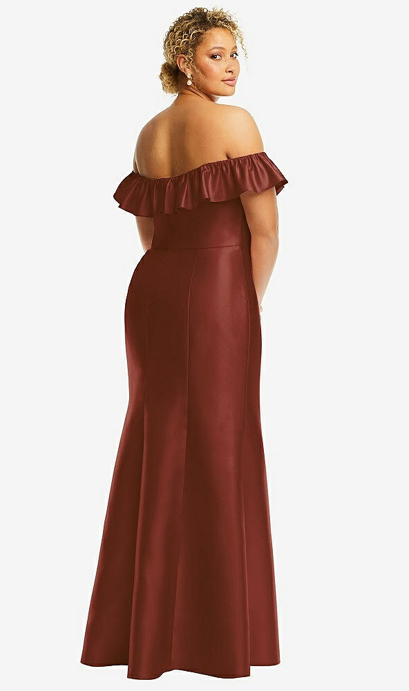Back View - Auburn Moon Off-the-Shoulder Ruffle Neck Satin Trumpet Gown