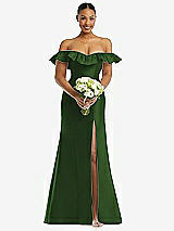 Alt View 2 Thumbnail - Celtic Off-the-Shoulder Ruffle Neck Satin Trumpet Gown