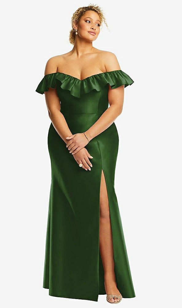 Front View - Celtic Off-the-Shoulder Ruffle Neck Satin Trumpet Gown