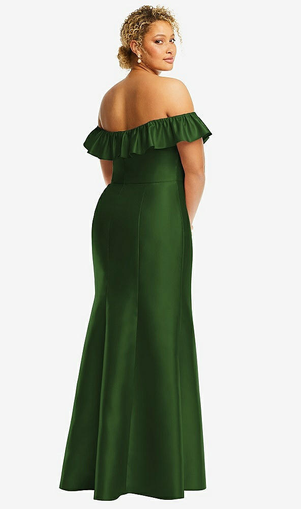 Back View - Celtic Off-the-Shoulder Ruffle Neck Satin Trumpet Gown