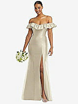 Alt View 1 Thumbnail - Champagne Off-the-Shoulder Ruffle Neck Satin Trumpet Gown