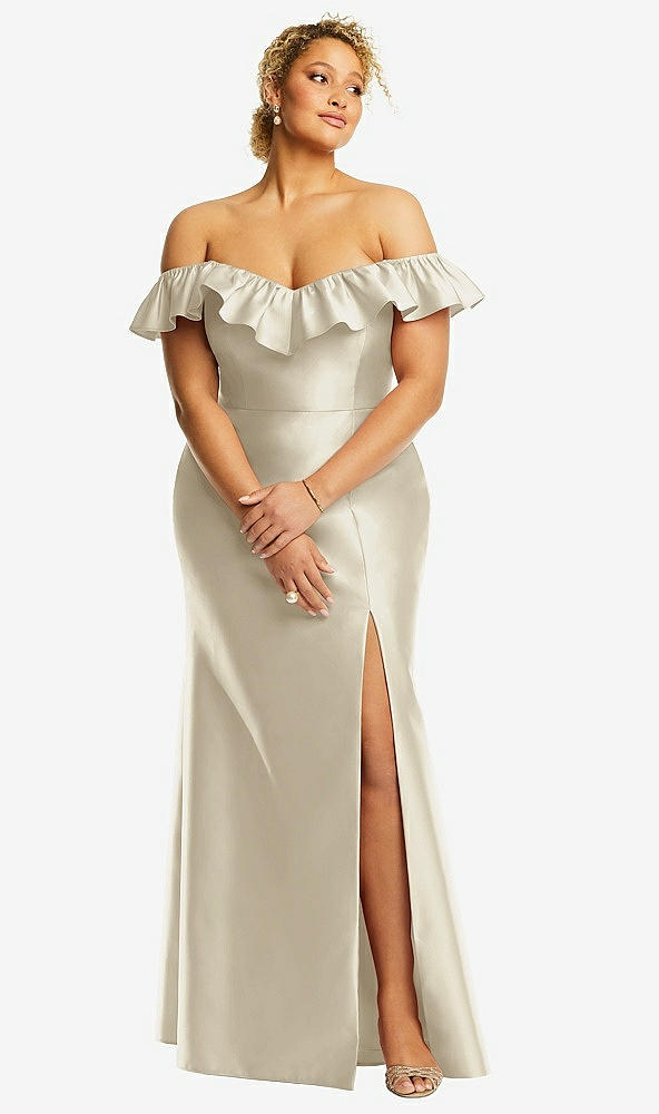 Front View - Champagne Off-the-Shoulder Ruffle Neck Satin Trumpet Gown