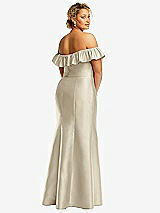Rear View Thumbnail - Champagne Off-the-Shoulder Ruffle Neck Satin Trumpet Gown