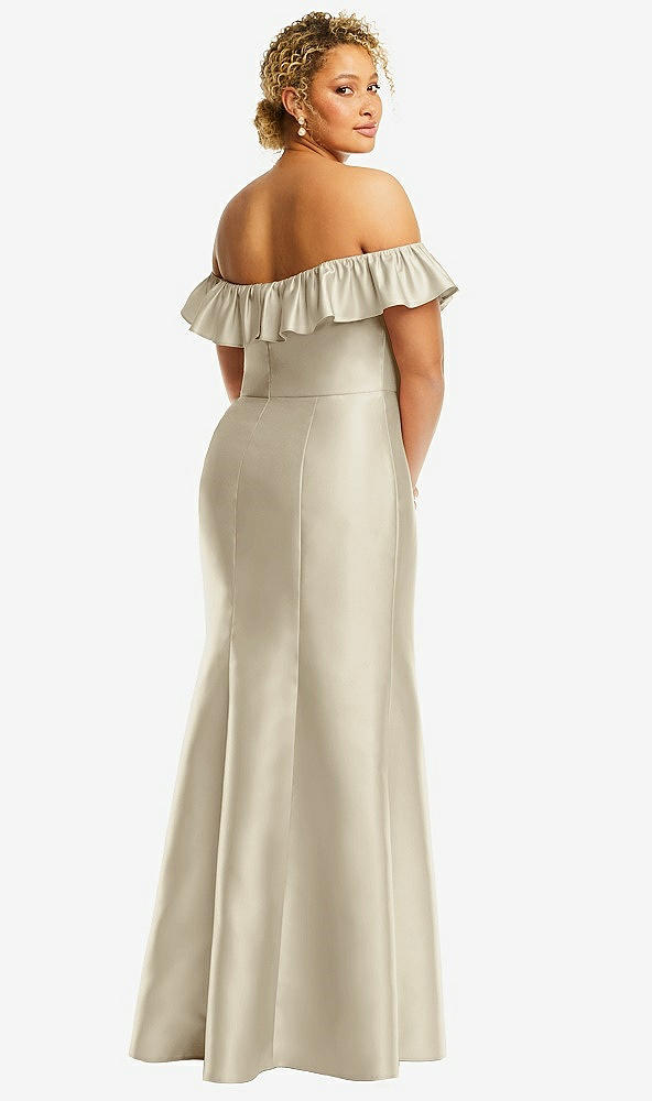 Back View - Champagne Off-the-Shoulder Ruffle Neck Satin Trumpet Gown