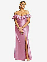 Front View Thumbnail - Powder Pink Off-the-Shoulder Ruffle Neck Satin Trumpet Gown