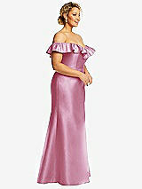 Side View Thumbnail - Powder Pink Off-the-Shoulder Ruffle Neck Satin Trumpet Gown