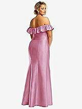 Rear View Thumbnail - Powder Pink Off-the-Shoulder Ruffle Neck Satin Trumpet Gown