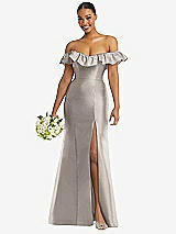 Alt View 1 Thumbnail - Taupe Off-the-Shoulder Ruffle Neck Satin Trumpet Gown