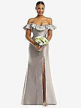Alt View 2 Thumbnail - Taupe Off-the-Shoulder Ruffle Neck Satin Trumpet Gown