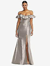 Alt View 3 Thumbnail - Taupe Off-the-Shoulder Ruffle Neck Satin Trumpet Gown