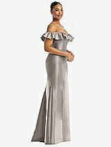 Alt View 4 Thumbnail - Taupe Off-the-Shoulder Ruffle Neck Satin Trumpet Gown