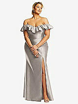Front View Thumbnail - Taupe Off-the-Shoulder Ruffle Neck Satin Trumpet Gown