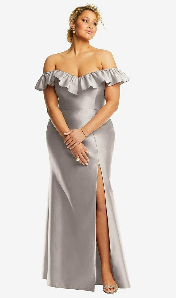 Front View - Taupe Off-the-Shoulder Ruffle Neck Satin Trumpet Gown