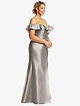 Side View Thumbnail - Taupe Off-the-Shoulder Ruffle Neck Satin Trumpet Gown