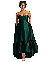 Alt View 1 Thumbnail - Evergreen Strapless Deep Ruffle Hem Satin High Low Dress with Pockets
