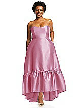 Alt View 1 Thumbnail - Powder Pink Strapless Deep Ruffle Hem Satin High Low Dress with Pockets