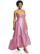 Alt View 2 Thumbnail - Powder Pink Strapless Deep Ruffle Hem Satin High Low Dress with Pockets