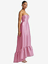 Side View Thumbnail - Powder Pink Strapless Deep Ruffle Hem Satin High Low Dress with Pockets