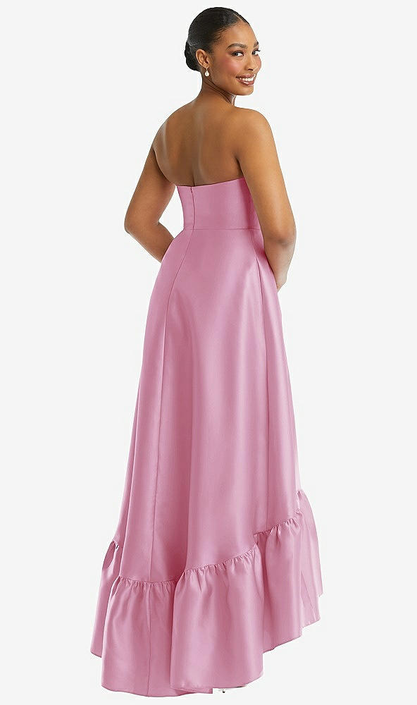 Back View - Powder Pink Strapless Deep Ruffle Hem Satin High Low Dress with Pockets