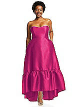 Alt View 1 Thumbnail - Think Pink Strapless Deep Ruffle Hem Satin High Low Dress with Pockets