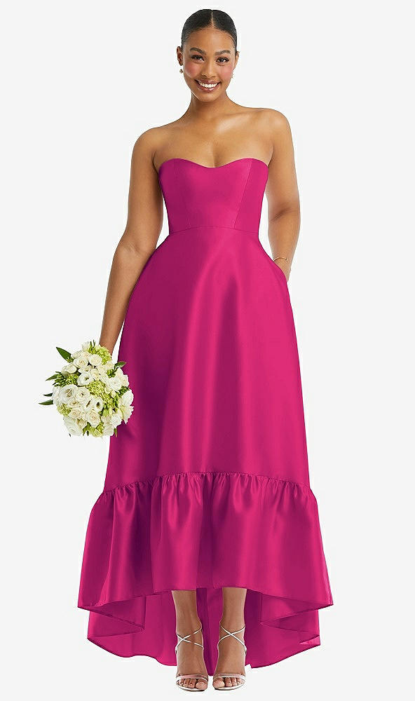 Front View - Think Pink Strapless Deep Ruffle Hem Satin High Low Dress with Pockets