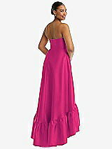 Rear View Thumbnail - Think Pink Strapless Deep Ruffle Hem Satin High Low Dress with Pockets