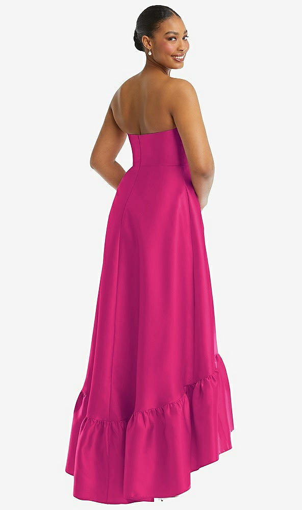 Back View - Think Pink Strapless Deep Ruffle Hem Satin High Low Dress with Pockets