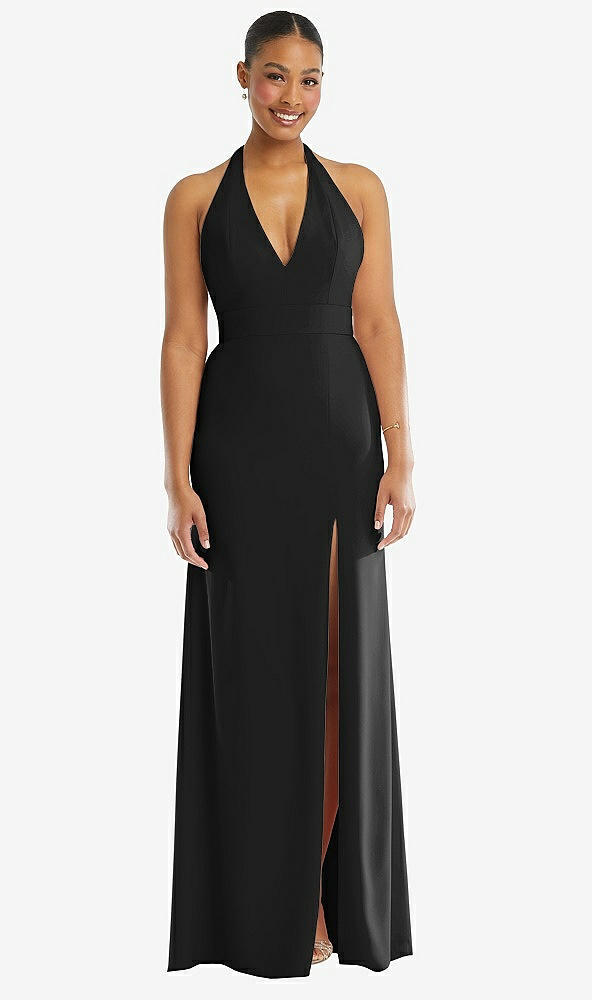 Front View - Black Plunge Neck Halter Backless Trumpet Gown with Front Slit