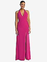 Front View Thumbnail - Think Pink Plunge Neck Halter Backless Trumpet Gown with Front Slit
