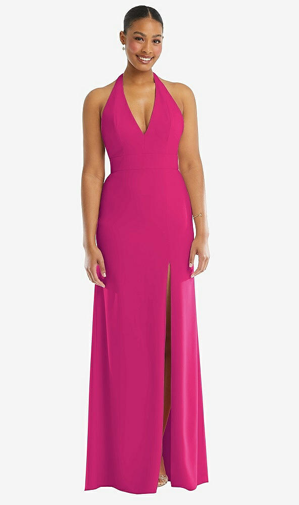 Front View - Think Pink Plunge Neck Halter Backless Trumpet Gown with Front Slit