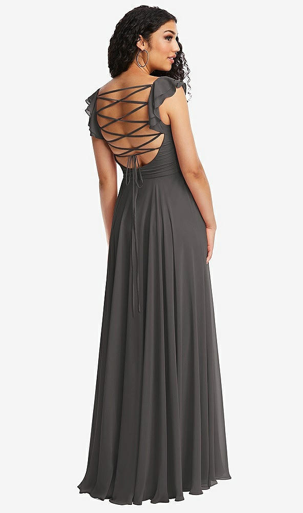 Front View - Caviar Gray Shirred Cross Bodice Lace Up Open-Back Maxi Dress with Flutter Sleeves