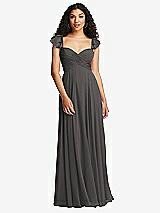 Rear View Thumbnail - Caviar Gray Shirred Cross Bodice Lace Up Open-Back Maxi Dress with Flutter Sleeves