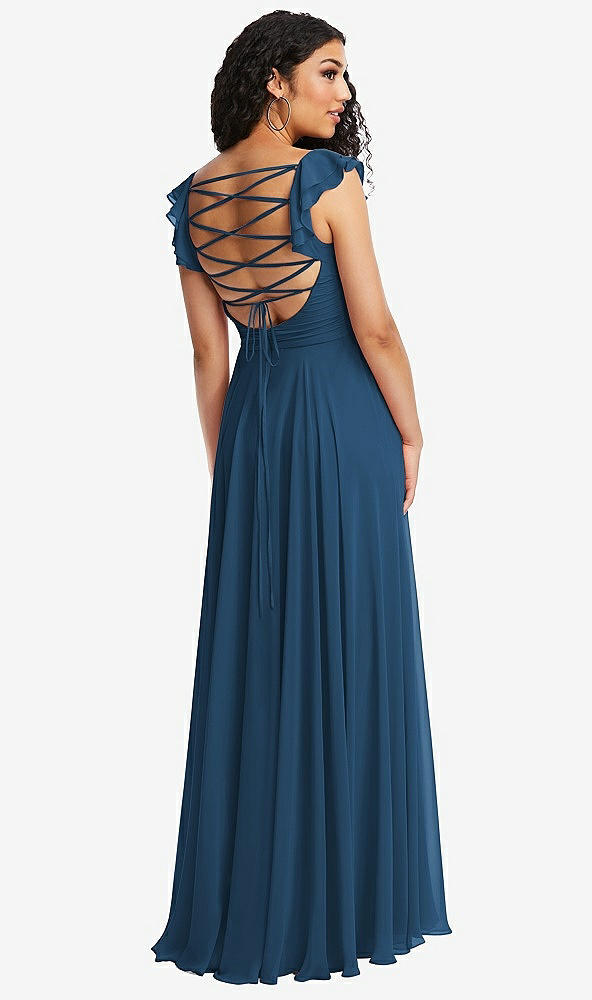 Front View - Dusk Blue Shirred Cross Bodice Lace Up Open-Back Maxi Dress with Flutter Sleeves