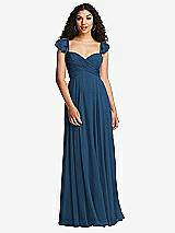 Rear View Thumbnail - Dusk Blue Shirred Cross Bodice Lace Up Open-Back Maxi Dress with Flutter Sleeves