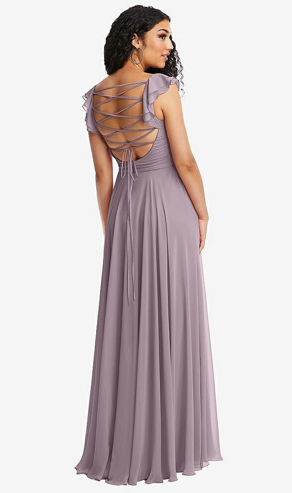Front View - Lilac Dusk Shirred Cross Bodice Lace Up Open-Back Maxi Dress with Flutter Sleeves
