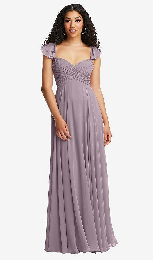 Back View - Lilac Dusk Shirred Cross Bodice Lace Up Open-Back Maxi Dress with Flutter Sleeves