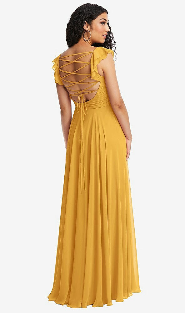 Front View - NYC Yellow Shirred Cross Bodice Lace Up Open-Back Maxi Dress with Flutter Sleeves