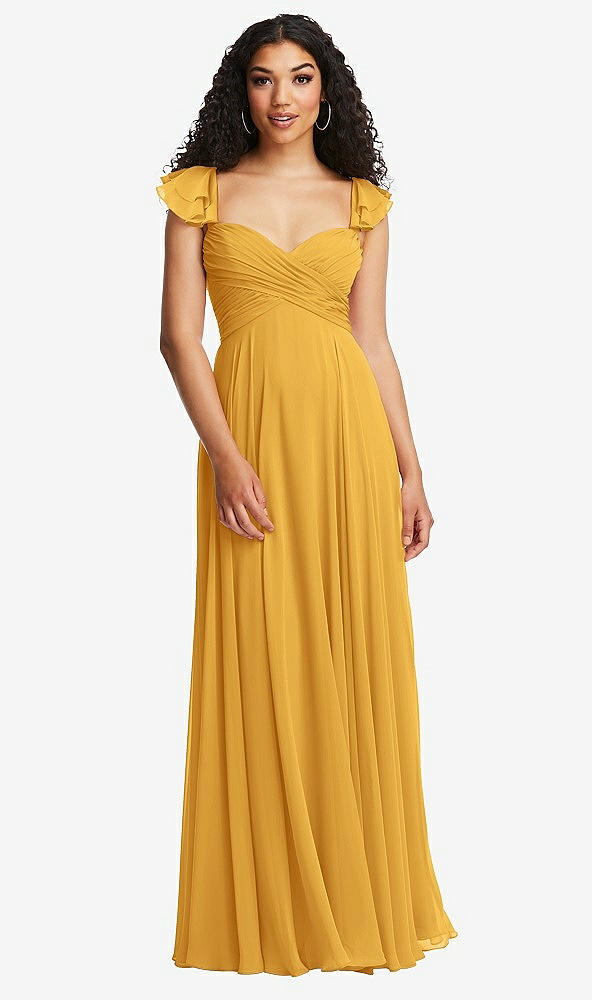 Back View - NYC Yellow Shirred Cross Bodice Lace Up Open-Back Maxi Dress with Flutter Sleeves