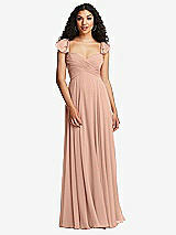 Rear View Thumbnail - Pale Peach Shirred Cross Bodice Lace Up Open-Back Maxi Dress with Flutter Sleeves