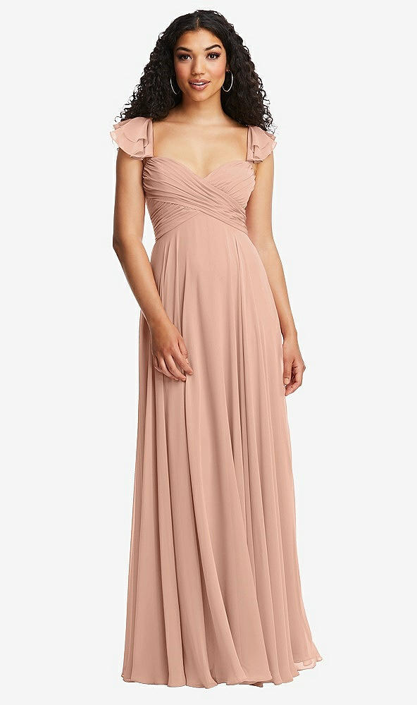 Back View - Pale Peach Shirred Cross Bodice Lace Up Open-Back Maxi Dress with Flutter Sleeves