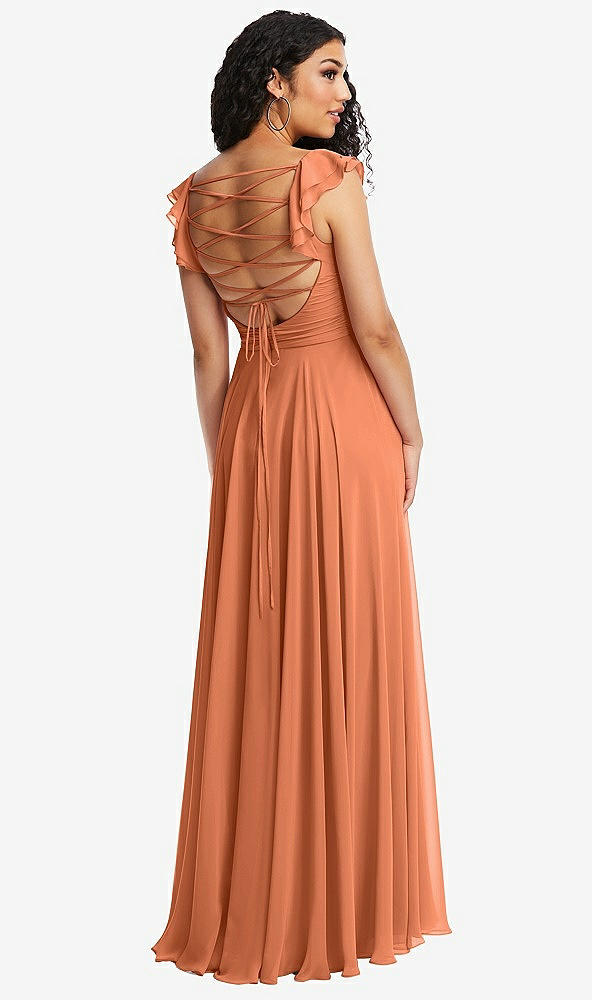 Front View - Sweet Melon Shirred Cross Bodice Lace Up Open-Back Maxi Dress with Flutter Sleeves